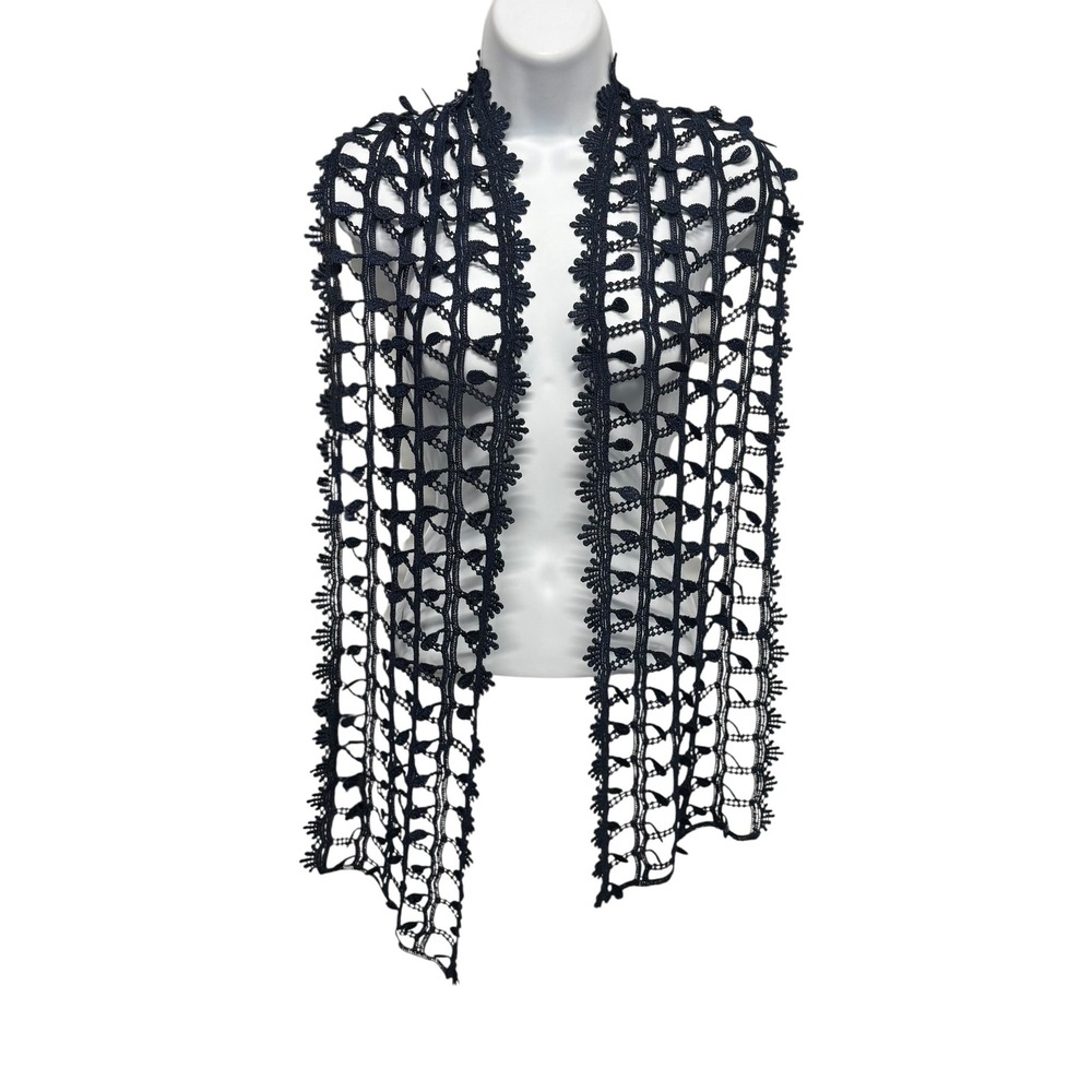 Blue Lace Sequin Open Knit Scarf Teardrop Crochet Scalloped‎ Edge Evening Wrap